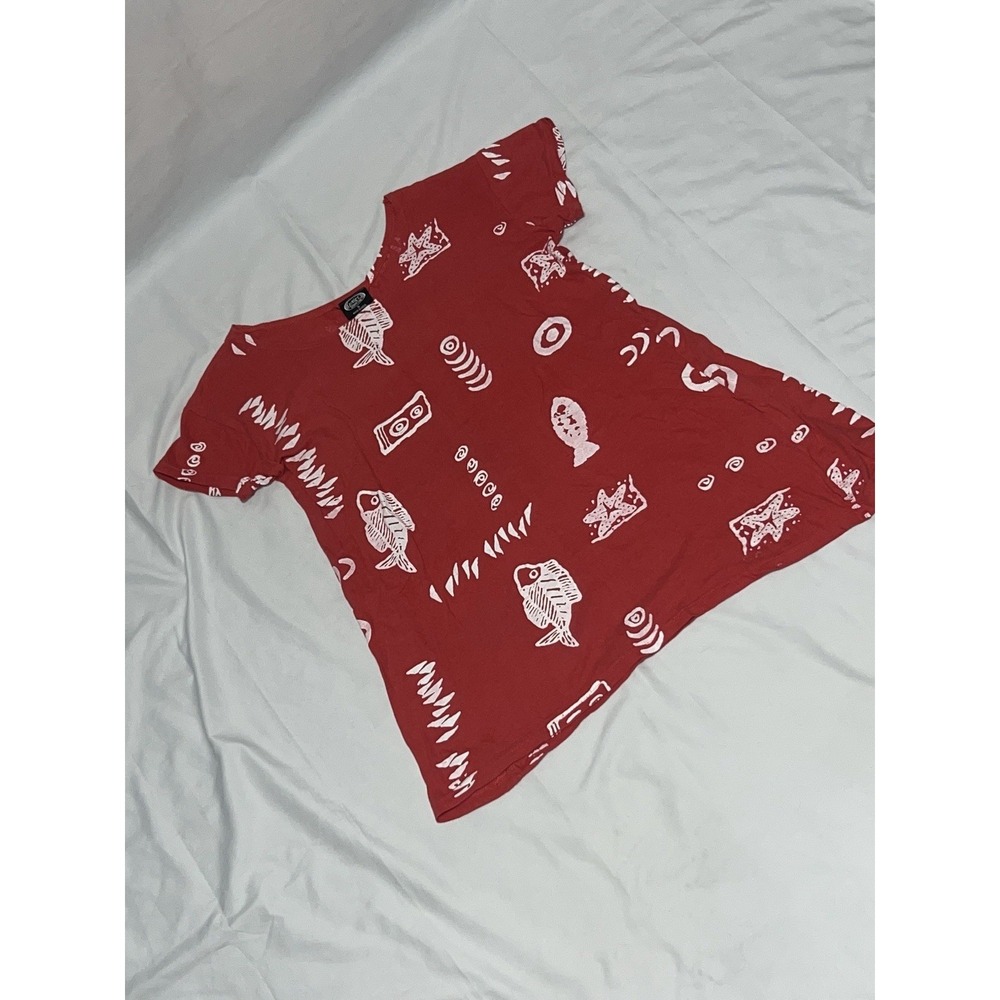 Vintage 90s Exist Sports Line Red Fish Print Cotton T-Shirt Dress USA Size S